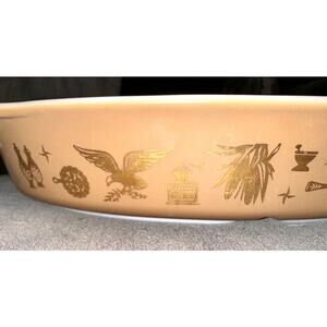 Vintage Pyrex Early American 1 1/2 Quart Brown & Gold Divided Casserole No Lid
